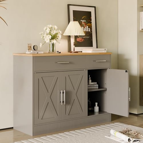 SUNLEI Kitchen Buffet Sideboard Cabinet, Wooden Storage with 3 Doors and 2 Drawers, Adjustable Shelf, Modern Farmhouse Coffee Bar Cabinet with Storage for Kitchen/Laundry/Living Room,Grey - color: Grey, size: 42.5 inch