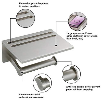 Toilet Paper Holder with Shelf, Aluminum Tissue Roll Holder with Mobile Phone Storage Shelf for Modern Bathroom, 3M Self Adhesive No Drilling or Wall-Mounted with Screws, Brushed Nickel - color: Brushed Nickel