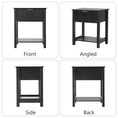 Small Nightstand with Drawer, Mid Century Modern Nightstand for Bedroom, Fluted End Table with Storage for Living Room, Couch, Sofa, Bedside, Office, Desk Side Table for Small Spaces-Black - size: 1 Piece