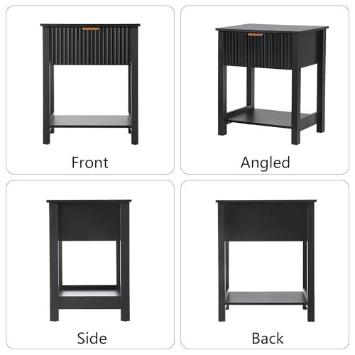 Modern Night Stand Set 2 with Drawer, Black Nightstand for Bedroom, Small End Table with Storage, Living Room/Bed Side Table with Drawer for Small Spaces, Fluted Nightstand Set of 2 - size: 2