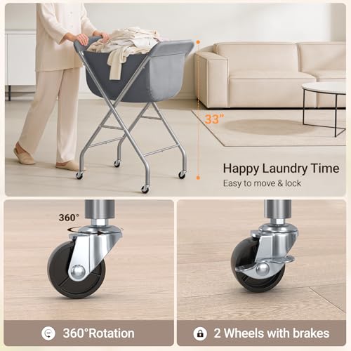 ELYKEN Laundry Cart with Wheels, 33”H Easy Rolling Laundry Hamper with Removable Liner Bag, Sturdy Metal Frame Clothes Basket with 4 Casters and 2 Brakes - color: Gray, size: 25.6"L x 22"W x 33"H