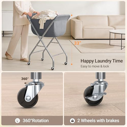 ELYKEN Laundry Cart with Wheels, 33”H Easy Rolling Laundry Hamper with Removable Liner Bag, Sturdy Metal Frame Clothes Basket with 4 Casters and 2 Brakes - color: Gray, size: 25.6"L x 22"W x 33"H