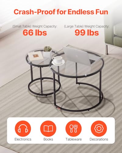 VEVOR Nesting Coffee Table Set of 2, 23.6 in Round Coffee Table, Glass Nesting Tables for Small Place, Modern End Side Tables Night Stand with Metal Frame, for Living Room, Bedroom, Balcony, Office - color: Black