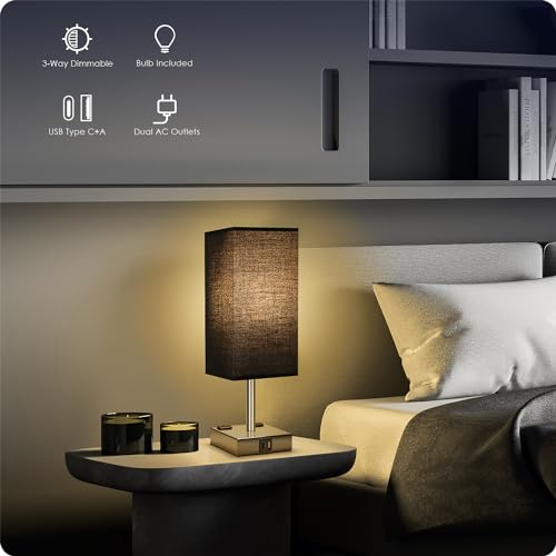 Set of 2 Bedside Table Lamp 3 Way Dimmable Nightstand Lamp with USB C & USB A Charging Port, 2 AC Outlets, 3000K LED Bulbs (Black) - color: Black