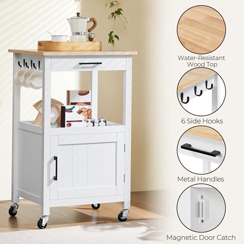 Yaheetech Kitchen Island Cart with Storage, Rolling Kitchen Island on Wheels with 6 Side Hooks, Wood Top Microwave Cart with Drawer for Dining Room, White - color: White