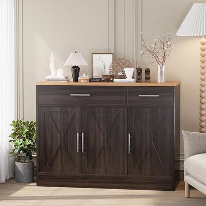 Shintenchi Modern Farmhouse Sideboard Buffet Cabinet,Barn Doors Buffet Cabinet with 2 Drawers & 3 Doors,Wood Coffee Bar Cabinet with Adjustable Shelf for Kitchen Living Room,Brown - color: Brown