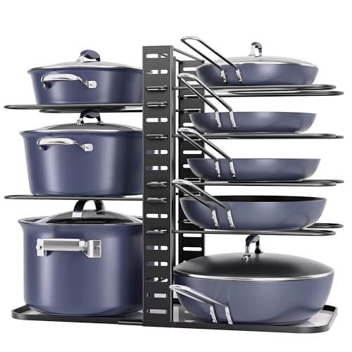 Pots and Pans Organizer Under Cabinet 14.6", 8-Tier Adjustable Rack | 3 DIY Modes, Tool-Free Assembly, Fits 6–11" Lightweight Cookware, For Kitchen Cabinets, Shelves & Countertops Pot Organizer - color: Black, size: 14.55"H