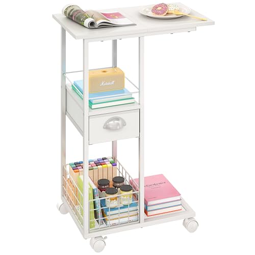 Rolling Side Table with Storage Drawer, White Bedside Table with Wheels, TV Tray for Sofa, Portable Desk on Wheels, Modern Night Stand, Overbed Table for Bedroom, C Shaped End Tables Living Room - color: White, size: Large (With Drawer & Wheels)
