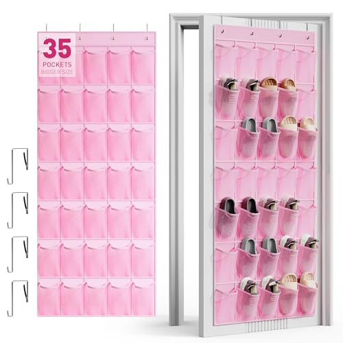 WVM Over the Door Shoe Organizer with 35 Breathable Mesh Pockets, Hanging Shoe Organizer for Door with 4 Metal Hooks, Large Capacity Closet Storage for Shoes, Accessories - color: Pink