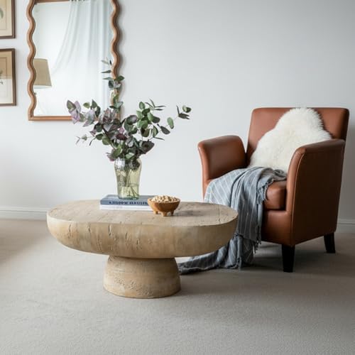 36" Faux Stone Coffee Table for Living Room Oval Coffee Table for Indoor or Outdoor, Modern Travertine Concrete Pattern Center Tables Side Tables, Magnesium Oxide, No Assembly,Cream - color: Faux Stone-oval-36inch-cream-coffee