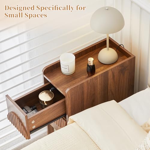 Narrow Nightstands Set of 2 for Bedroom, Mid Century Modern Wooden Bedside with 2 Drawers, Fluted Skinny End Table, 8 Inch Wide Slim Side Tables for Small Spaces - color: Walnut X40