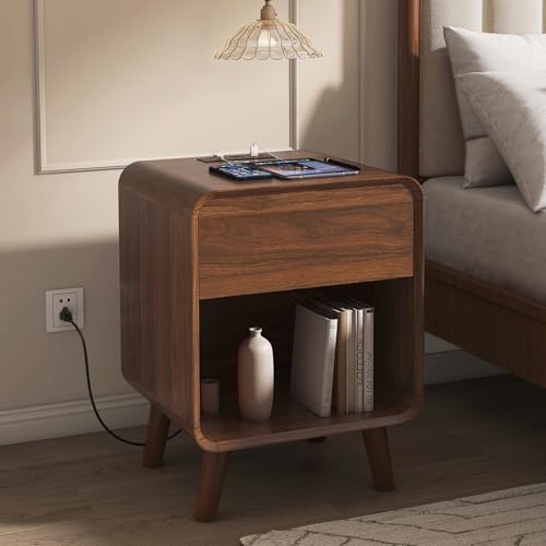 Nasonet Small Night Stand, 17.7'' Wide Bedside Table with Charging Station, Mid Century Modern Nightstands with Drawers, Bedroom Side Table End Table for Living Room, Curved Beveled Design, Walnut - color: Walnut, size: 1 Drawer