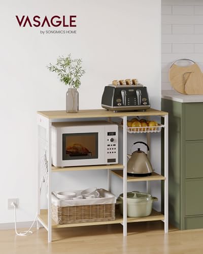 VASAGLE Baker's Rack, Coffee Bar Stand with Charging Station, 35.6 Inches Tall, Storage Shelves, Pull-Out Wire Basket, Table for Microwave, Kitchen, Oak Beige and Ink Black UKKS036Y09 - color: Oak Beige + Ink Black, style: With Power Outlet