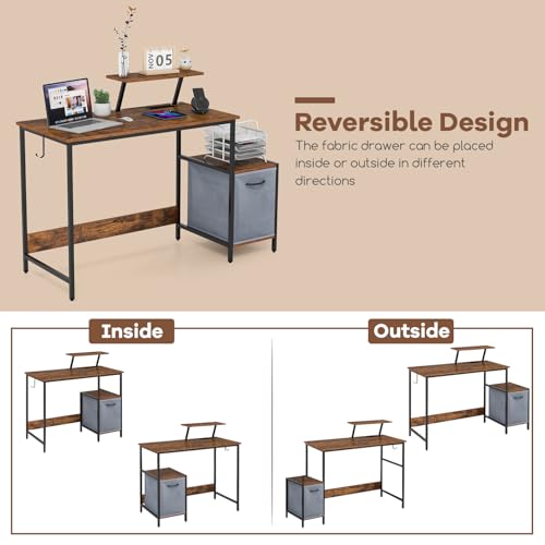 Giantex Computer Desk with Drawer and Power Outlet, Home Office Desk with Reversible Storage Drawer & Raised Shelf, Computer Workstation with Hook, Industrial Study Writing Desk for Study, Bedroom