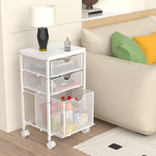 BOHDK Rolling File Cart with 3 Storage Drawers, Wood & Mesh Hanging File Folder Organizer with Wheels Under Desk, File Cabinets for Home Office, 11.81" D x 14.8" W x 25.39" H, White - color: White