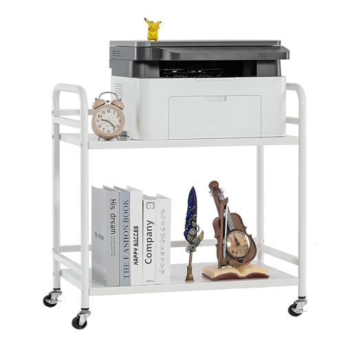 HDANI 2 Tier Under Desk Printer Stand with Storage,Microwave Storage Rack,Metal Rolling Printer Cart with Wheels for Home Office,Utility Storage Cart and Stand,White - color: White, size: 2-Tier