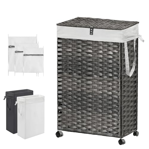 88L Slim Laundry Hamper with Wheels, 23.3 Gallon Rolling Laundry Basket with Lid, Tall and Narrow Laundry Hamper with 2 Removable Liner & 3 Mesh Bags, Laundry Sorter for Bathroom, Grey - color: Grey