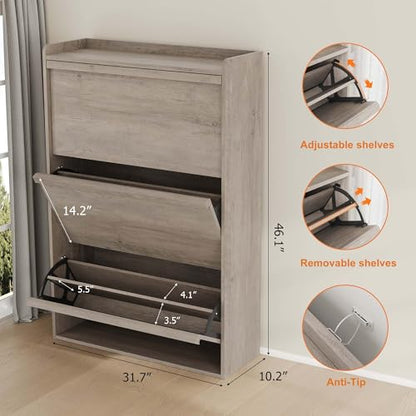 Garvee Shoe Cabinet with 3 Flip Drawers, Hidden Wood Shoe Cabinet,Freestanding Shoe Storage Cabinet with Adjustable Shelf for Entryway Hallwa, Living Room, Living Room, Grey - color: Grey