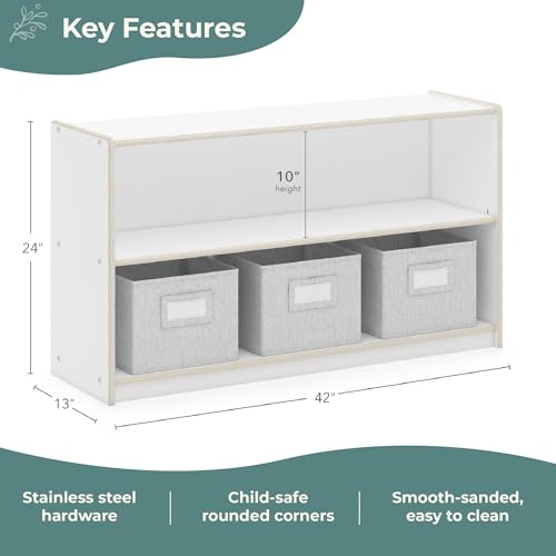 Guidecraft EdQ Two Shelf Open Storage 24'' White with 3 Fabric Bins: Wooden Organizer Cabinet for School and Home, Teacher's Book Cubby and Toy Shelf - color: White