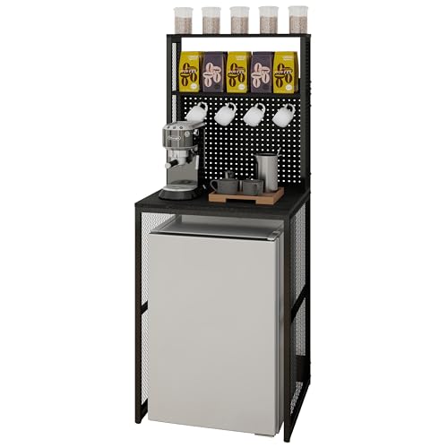 KirKical Mini Fridge Stand, Microwave Rack Shelf for Home Dorm, Black | Spacious Shelves Pegboard & Hooks Keep Items Tidy. Versatile for Coffee corner, Microwave, Bakers Rack - color: Black