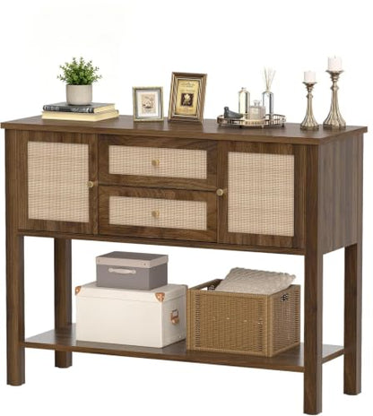 YOSHOOT Rattan Console Table with Storage, Entryway Table with 2 Doors & 2 Drawers, Farmhouse Coffee Bar for Kitchen, Living Room, and Entryway, Walnut - color: Walnut
