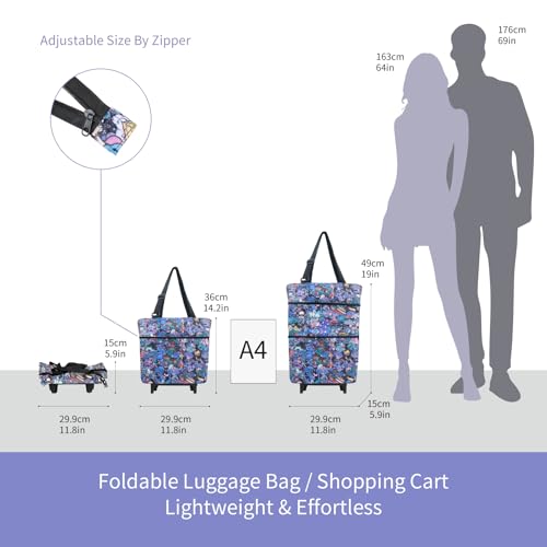 Folding Shopping Bag with Wheels, Small Rolling Folding Grocery Cart on Wheels, Collapsible Wheeled Portable Rolling Tote Bag for Groceries Shopping Cart