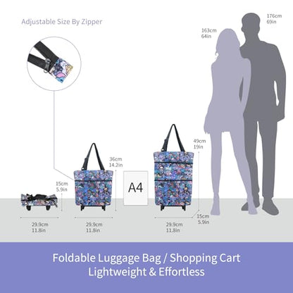 Folding Shopping Bag with Wheels, Small Rolling Folding Grocery Cart on Wheels, Collapsible Wheeled Portable Rolling Tote Bag for Groceries Shopping Cart