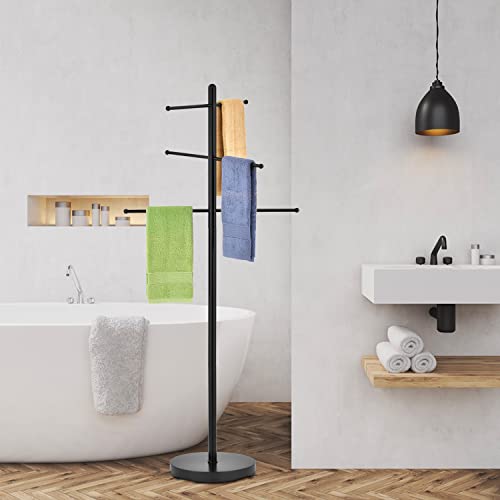 MyGift 6 Bar Outdoor Towel Rack for Pool, Free Standing Bath Towel Holder Storage, SPA Towel Blanket Stand with Round Weighted Base, Modern Black Metal