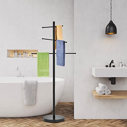 MyGift 6 Bar Outdoor Towel Rack for Pool, Free Standing Bath Towel Holder Storage, SPA Towel Blanket Stand with Round Weighted Base, Modern Black Metal