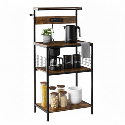 Simple Deluxe Kitchen Bakers Rack with Power Outlet, Coffee Bar Accessories Table, 4-Tier Adjustable Storage Shelf for Spices, Freestanding Appliance Organizer, 23.6 Inch, Rustic Brown - color: Rustic Brown, size: 23.6 inch