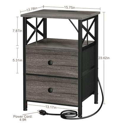AMHANCIBLE Nightstands Set of 2, Large Night Stand with Charging Station | Bedside Table with 2 Fabric Drawers, End Side Tables Living Room, with Open Shelf, USB Ports Outlets, for Bedroom, Dark Grey - color: Dark Grey