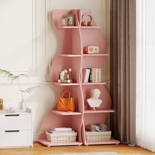 Tribesigns Wavy Corner Shelf Set of 2, Modern 5-Tier Bookshelf Etagere Bookcase with Curvy Shape, Unique Plant Stand Display Shelf for Living Room Small Space (Pink) - color: Pink