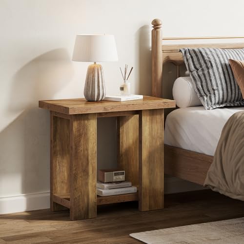 LITTLE TREE 2 Tier Side Table with Storage Shelf, Rustic Wood End Table, Narrow Nightstand Bedside Table for Living Room, Bedroom, Small Spaces, Rustic Brown, 15.75" D x 27.56" W x 25.2" H - color: Rustic Brown