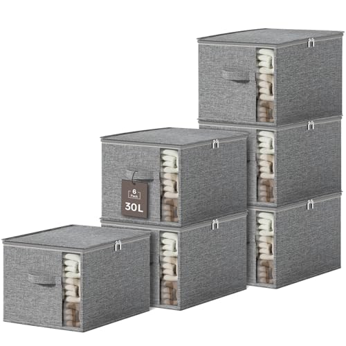 Clothes Storage Bins with Sturdy Frames, Foldable Fabric Clothing Organizer Box for Moving, Sweater Storage Cube with Lids and Zipper, Linen Closet Storage Bags for Blankets, Clothes, Sheet - color: Grey, size: Medium x 6 Packs