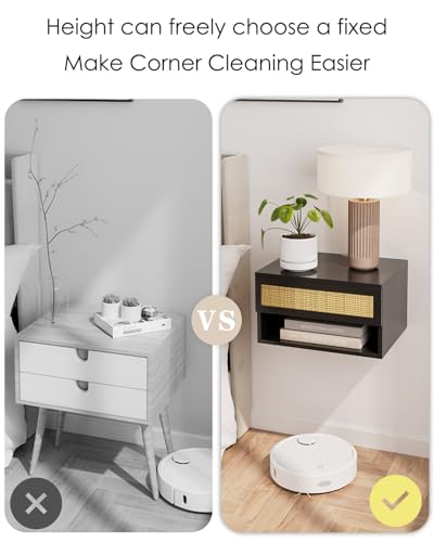Floating Nightstand With Drawer - Small Modern Shelves for Bedroom, Bathroom (Black Rattan) - color: Black Rattan