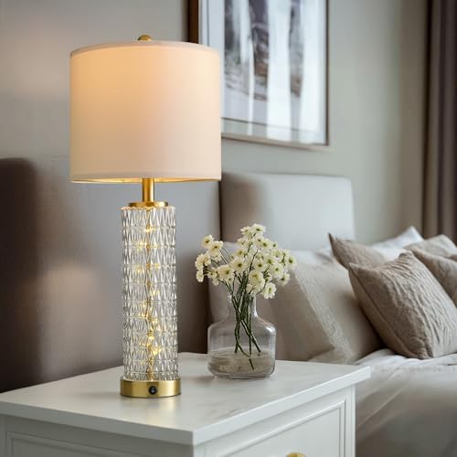 Oneach 27.75” Table Lamps Set of 2, Gold Modern Bedside Lamp with LED Night Light, USB A+C, Glass Lamps for Living Room, Bedroom, Nightstand, Office, End Table (2 Bulbs Included) - color: Gold - White Shade