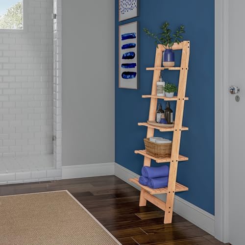 5-Tier Ladder Shelf - 50-Inch Narrow Leaning Bookshelf - Wooden Bookcase for Living Room, Bathroom, Kitchen, Office, or Bedroom Furniture by Lavish Home (Oak) - color: Pickled Oak