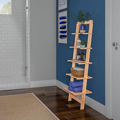 5-Tier Ladder Shelf - 50-Inch Narrow Leaning Bookshelf - Wooden Bookcase for Living Room, Bathroom, Kitchen, Office, or Bedroom Furniture by Lavish Home (Oak) - color: Pickled Oak