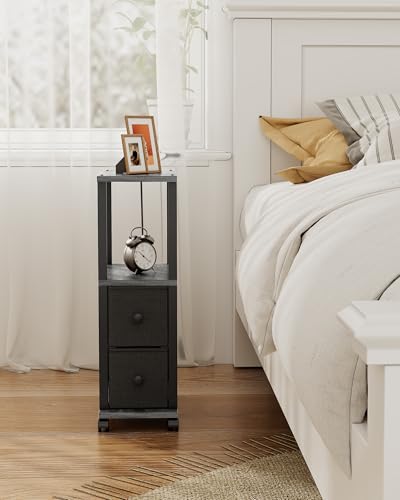 TUTOTAK Small Narrow End Tables, Side Tables with 2 Fabric Drawers, Set of 2, Bedside Tables with Charging Station for Small Spaces, Slim Nightstands with USB Ports and Wheels, TB01BY053 - color: Charcoal Grey, style: with Outlets