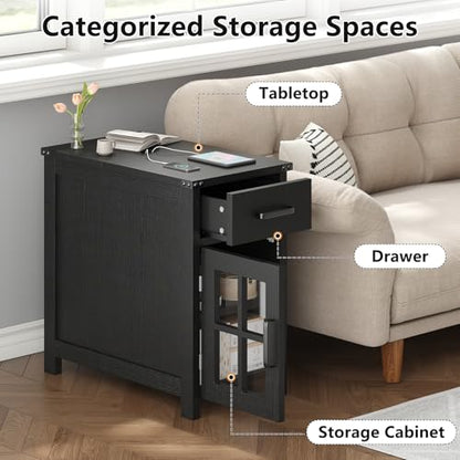 VVFLU Farmhouse End Table with Charging Station and 1 Storage Cabinet, 1 Drawer, Black Wood Nightstand Narrow, Skinny Side Table, Slim Bedside Table, Small Nightstand for Bedroom, Living Room, Sofa - color: Black/Glass