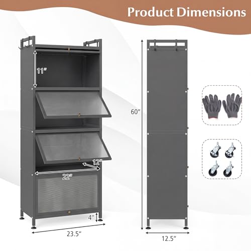 LDAILY 5-Tier Kitchen Storage Cabinet, Mobile Microwave Stand with Metal Frame, Double Anti-toppling Device, 4 Rolling Casters, Freestanding Bakers Rack for Kitchen, Dining Room, Living Room (Grey) - color: Grey