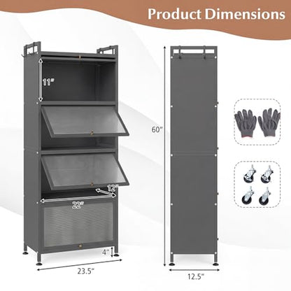 LDAILY 5-Tier Kitchen Storage Cabinet, Mobile Microwave Stand with Metal Frame, Double Anti-toppling Device, 4 Rolling Casters, Freestanding Bakers Rack for Kitchen, Dining Room, Living Room (Grey) - color: Grey