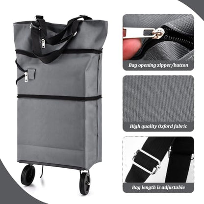 JIANWEI Collapsible Shopping Cart with 360° Swivel Wheels, Portable Folding Trolle-y Grocery Bag, Reusable Foldable Tote Grocery Cart Large Capacity Used for Travel and Home (Grey)