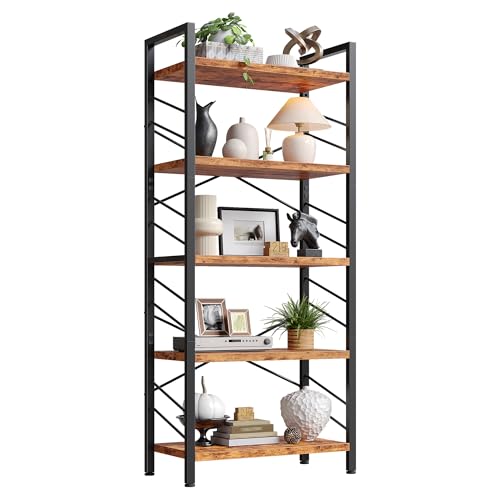 DurayLoly 5 Tier Bookshelf for Narrow Space, Rustic Brown | Small Storage Shelves, Sidebars and Metal Frame - color: Rustic Brown, size: 5 Tier - 1 pc