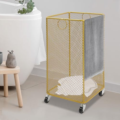Metal Laundry Storage Basket on Wheels - Square, Rolling Hamper Cart with Mesh Wire & Ring Handles, Stackable Storage Organizer Clothing Sorting Rack for Clothes and Linens, 12"L x 12"W x 22"H (Gold)