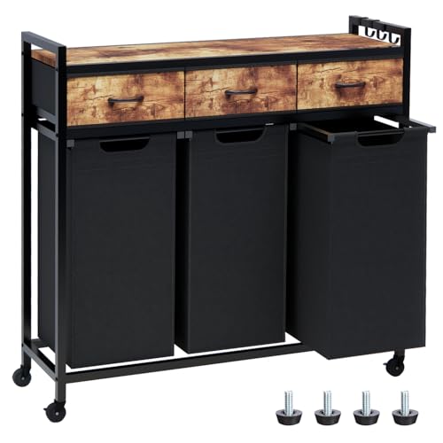 Timberer Laundry Hamper, Laundry Sorter 3 Section, Rolling Laundry Basket with Wheels, 3 Drawers, 3 × 14.5 Gal (55 L), Pull-Out and Removable Oxford Fabric Bags, Black and Rustic Brown - color: Black + Rustic Brown, size: 3 Bags (40.7"L x 12.9"W x 39.8"H)