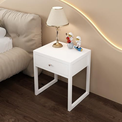Modern Minimalist White Nightstand with Drawer - Compact Bedside Table for Small Spaces, Easy Assembly, Sturdy MDF Wood, Smooth Painted Finish - Perfect for Bedroom or Apartment