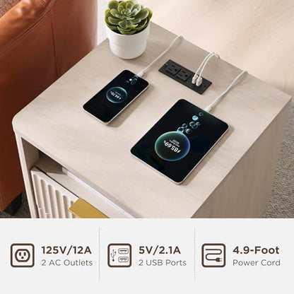 T4TREAM Fluted Nightstand with Charging Station, 18" Modern Side Table with 2 Drawers, End Table w/Storage, Bedside for Bedroom, Living Room, Curved Profile Design, White Alder - color: White Alder