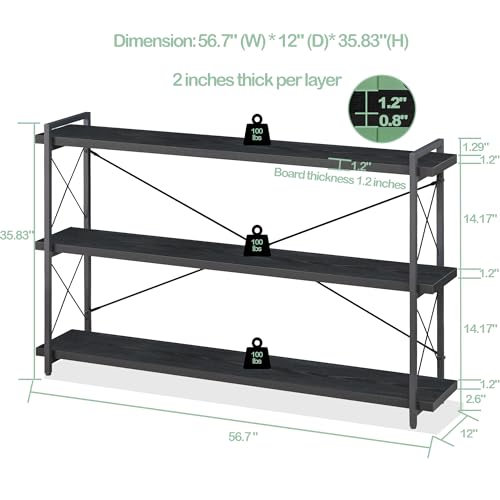 HCHQHS Bookshelf, 3-Tier Long Industrial Bookcase, Black Open Book Shelf, Freestanding Horizontal Bookshelves with Metal Frame - color: Ebony Black, size: 3-Tier (56.7"W x 35.8"H)