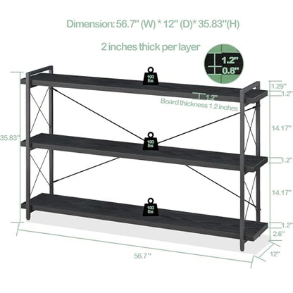 HCHQHS Bookshelf, 3-Tier Long Industrial Bookcase, Black Open Book Shelf, Freestanding Horizontal Bookshelves with Metal Frame - color: Ebony Black, size: 3-Tier (56.7"W x 35.8"H)